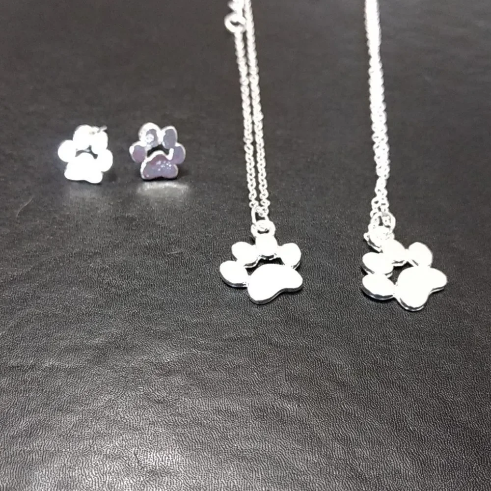 Paw print necklace, earrings and bracelet matching set